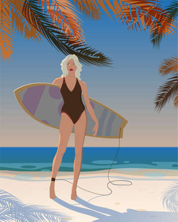 Sunset on the sea, a girl in the shade of palm trees with a surfboard.のイラスト素材