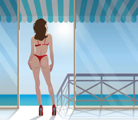 A girl in a red bathing suit on a glazed balcony with a railing, with an Italian canopy and a view of the sea.のイラスト素材