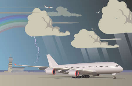 Airport, it's raining with goza, rainbow, airliner in the rain.のイラスト素材