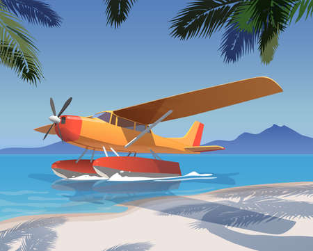 Islands with palm trees, sandy beach, water skiing aircraft on the shore.のイラスト素材