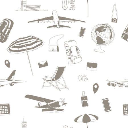 Black and white illustration of airplanes, beach umbrellas, backpacks, sun loungers, camera and globe.のイラスト素材