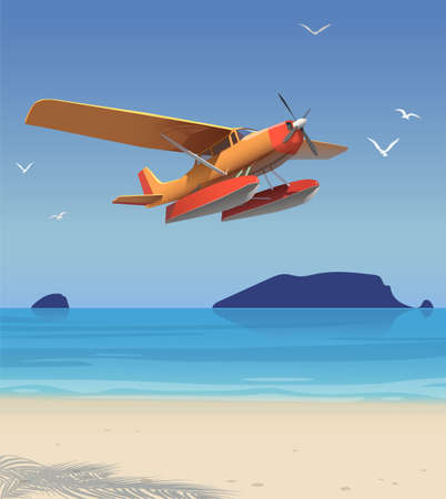 A seaplane takes off over a beach with palm trees, islands are visible on the horizon.のイラスト素材