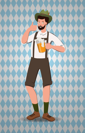 A man in a traditional costume with a glass of beer, on a patterned background.のイラスト素材