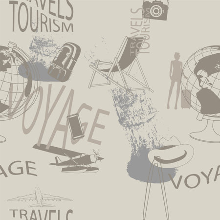 Graphic drawings of a globe, airplanes, a shizlong, a camera and a silhouette of a stewardess.のイラスト素材
