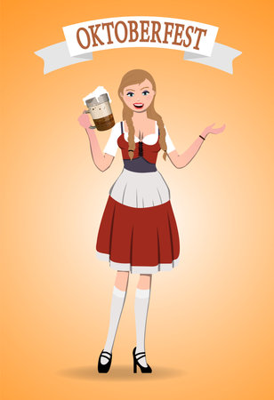 Girl waiter with a glass of beer on an orange background in a traditional costume.のイラスト素材