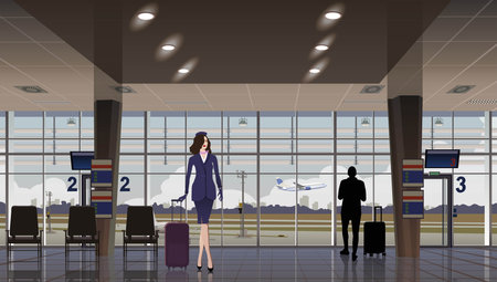 Airport, stewardess and tourists in the terminal against the backdrop of a large window, airplanes outside the window.のイラスト素材
