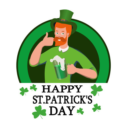 A man in a green suit with a red beard and a mug of green beer.のイラスト素材