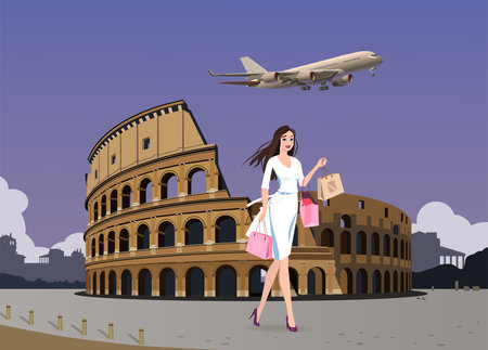 A girl with purchases walks against the backdrop of the Colosseum, an airplane flies in the sky.のイラスト素材