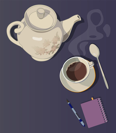 White ceramic teapot, tea mug and notepad.のイラスト素材