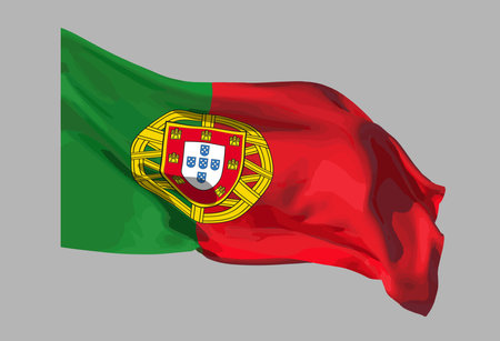 Flag of Portugal waving in the wind with the coat of arms on a neutral background.のイラスト素材