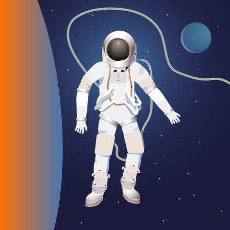 An astronaut in a spacesuit swims in space, in the background is a red planet and the moon with stars.のイラスト素材