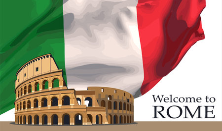 Against the background of the Italian flag, the ruins of the Roman Colosseum, the cover of a guide to Italy.のイラスト素材