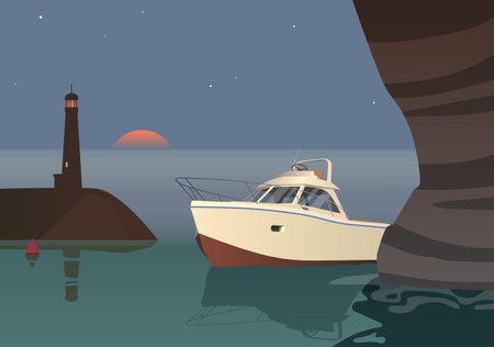 A rock and a yacht on the seashore in the distance, a lighthouse on a rock, and the setting sun.のイラスト素材