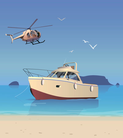 A white boat near the sandy beach, seagulls and a helicopter in the sky.のイラスト素材