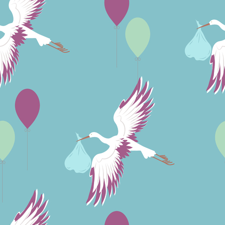 Seamless pattern with stork and balloons on a blue background. For decorating textiles, packaging and wallpaper. Template for postcards. album.のイラスト素材
