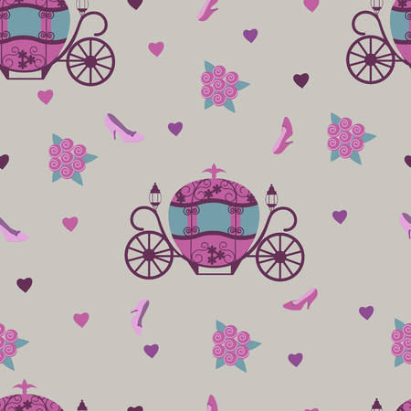 Illustration of a seamless pattern with a carriage, a shoe and roses.のイラスト素材