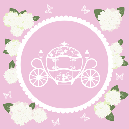 Greeting card for anniversaries, weddings,birtday, with a Cinderella carriage, flowers of hydrangeas and butterflies on a pink background. Vector illustration.のイラスト素材
