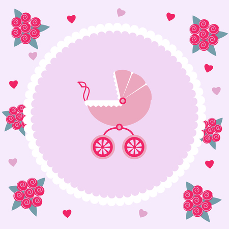 A pink baby carriage on the background of flowers of roses and hearts.のイラスト素材
