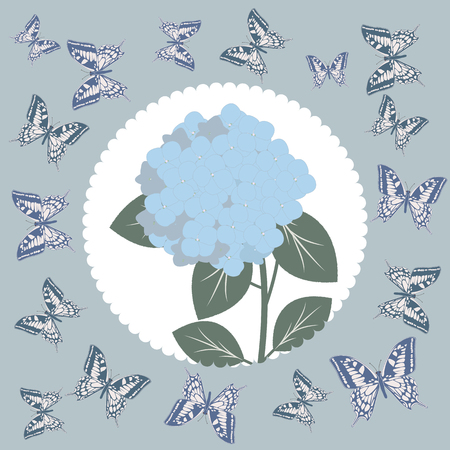 Greeting, romantic, vintage postcard with a flower of hydrangea and butterflies. Vector illustration.のイラスト素材