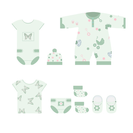 Fashionable clothes for newborns on a white isolated background. Template for album, applique, poster. store design. Vector illustration.のイラスト素材