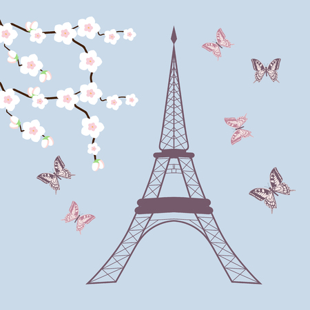 Eiffel Tower with branch sakura and butterflies on a blue background. Template for postcards, albums. Vector illustration.のイラスト素材