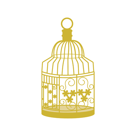Decorative, golden cage for birds on white isolated background. Template for decor of postcard, album. Vector illustration.のイラスト素材