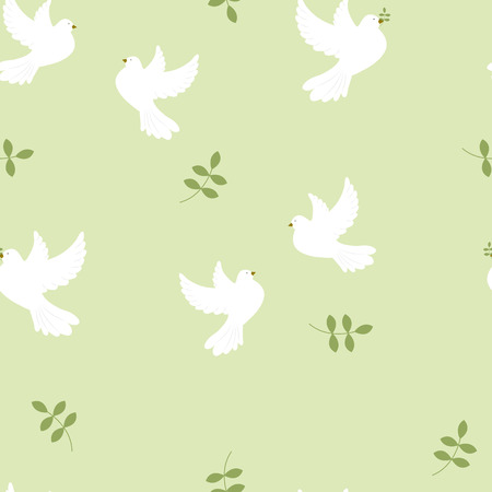 Illustration of a seamless pattern with white doves on a green background.のイラスト素材