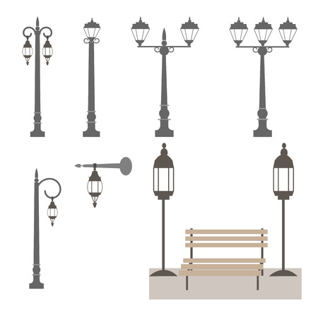 A Vector set of street lamps and benches outdoors. To decorate urban landscapes.のイラスト素材