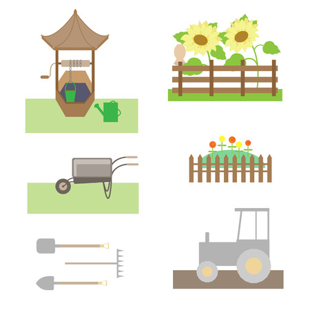 Vector set of farm objects and garden tools elements isolated on white background for decoration.のイラスト素材