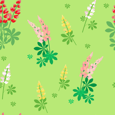 Seamless pattern with pink and yellow lupine flowers on green background, vector illustration.のイラスト素材