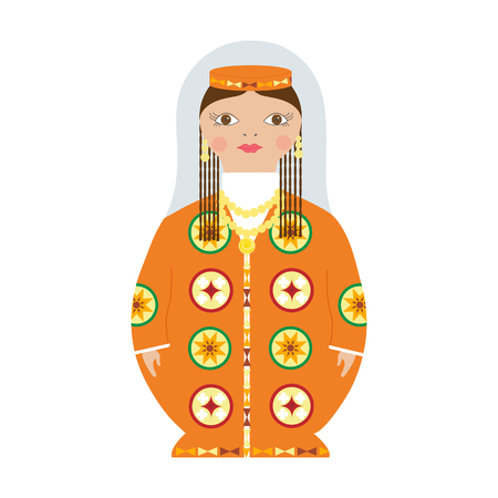Tajik girl in national dress. Woman in traditional costume and headdress. Cartoon character, matryoshka doll. Vector illustration, isolated on white background.のイラスト素材