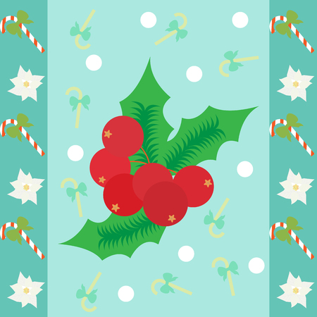 Holiday greeting card with traditional Christmas decorations - red holly berry and poinsettia flowers. Vector illustration.のイラスト素材