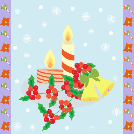 Christmas greeting card with traditional decorations -candles, bells and berries. Vector illustration.のイラスト素材
