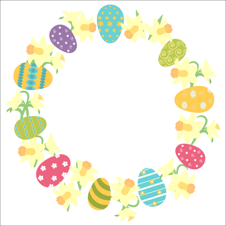 Wreath of colorful eggs and daffodil flowers on a white isolated background.のイラスト素材
