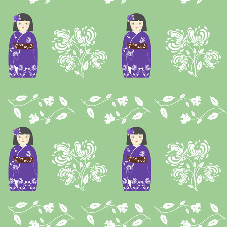 Seamless vector pattern with Japanese matreshka and flowers chrysanthemum. To decorate textiles, wallpapers, packaging.のイラスト素材