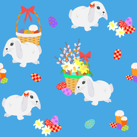Illustration of a seamless vector pattern with a festive basket and bunny on a blue background.のイラスト素材