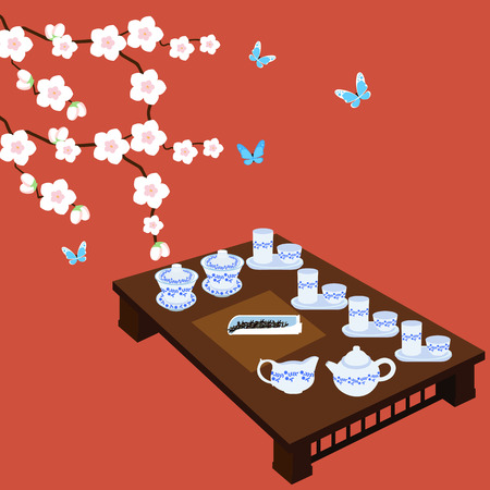 Vector illustration of a traditional Chinese and Japanese tea ceremony with cups, a kettle and a table against the backdrop of a cherry twig. To decorate the menu in the coffee, restaurant.のイラスト素材