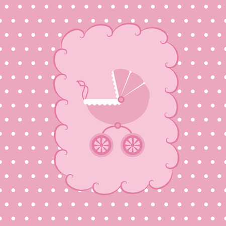 Vector illustration of a baby stroller for a girl on a pink background. Template for the decor of the album, postcard, applique.のイラスト素材