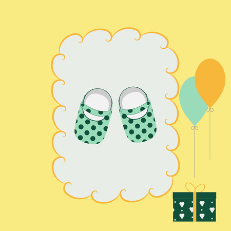 Children's greeting card with shoes and a gift on a yellow background. A pattern for decorating a poster, album, store. Vector illustration.のイラスト素材