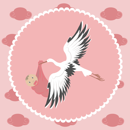 Illustration of a stork delivering a baby against a background of pink clouds.のイラスト素材
