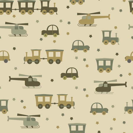 Seamless children's cute pattern with a steam locomotive, car and helicopter. For decorating textiles, packaging and wallpaper. Vector illustration.のイラスト素材