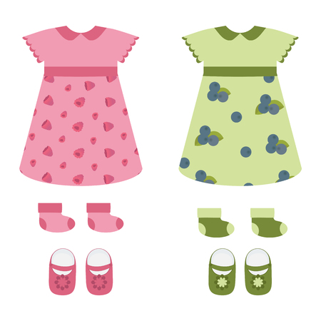 Vector illustration of a set of dresses with sandals for girls on white isolated background. Template for the decor of the store, album, applique.のイラスト素材
