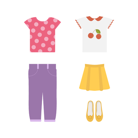 Illustration of a set of Clothes for girls on white isolated background.のイラスト素材