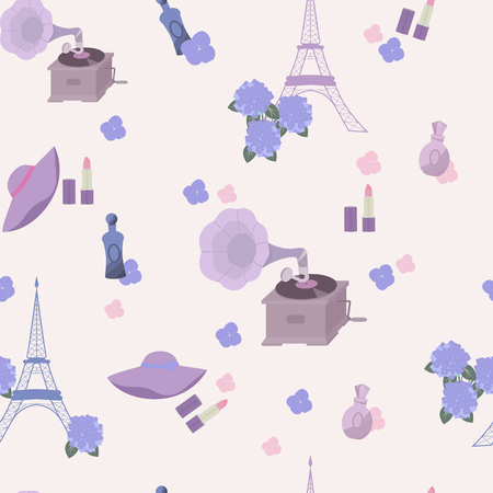 Seamless pattern with eiffel tower, gramophone, flowers in pastel colors. For decorating textiles, packaging. Vector illustration.のイラスト素材