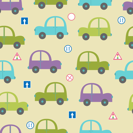 Seamless patteon with children's cars and road signs on a beige background. For decorating textiles, packaging and wallpaper.のイラスト素材