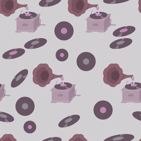 Seamless pattern with vinyl records and gramophone on a lilac background. For decorating textiles, packaging and wallpaper.のイラスト素材