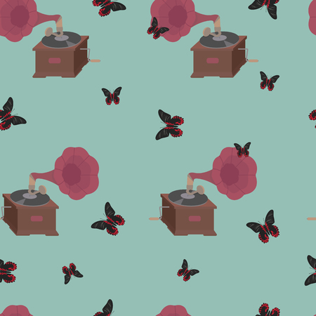Illustration of a seamless pattern with a gramophone and butterflies on a turquoise background.のイラスト素材