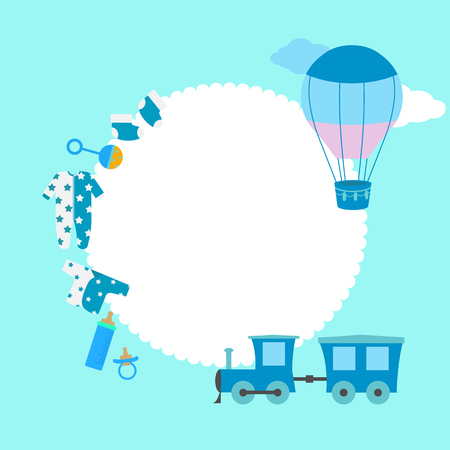 Greeting card for the boy with toys and objects for the newborn, and a place for your text. Vector illustration.のイラスト素材