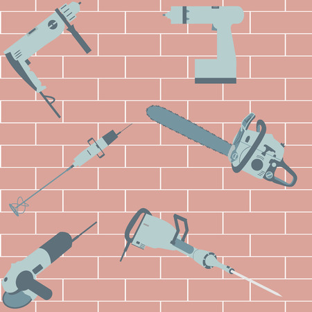 Colorful seamless pattern of building electric tools on a brick wall background. For creative design, printing, web design vector illustration.のイラスト素材