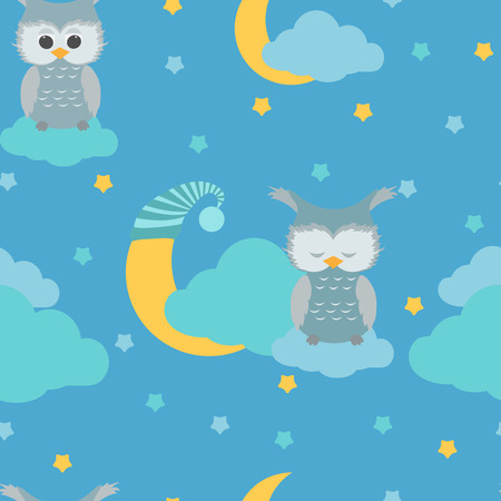Baby, seamless vector illustration with owls in the night sky. For decorating textiles, packaging and wallpaper.のイラスト素材